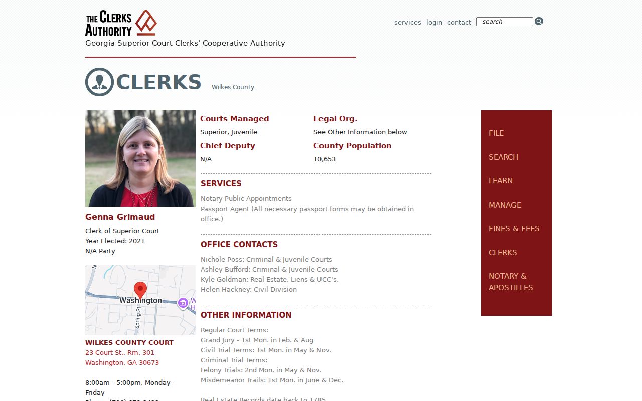 Official Wilkes Superior Clerk directory used for Rayle county-level docket routing